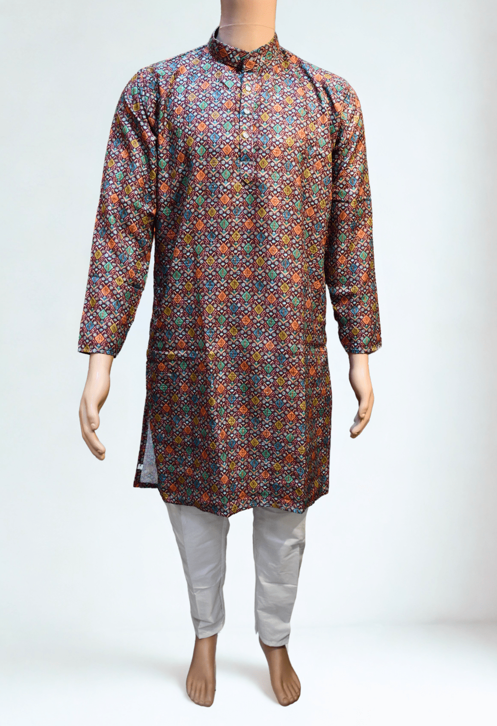Men's Cotton Blend  Printed Golden Jari Work Long kurta With White Cotton Polo Pant