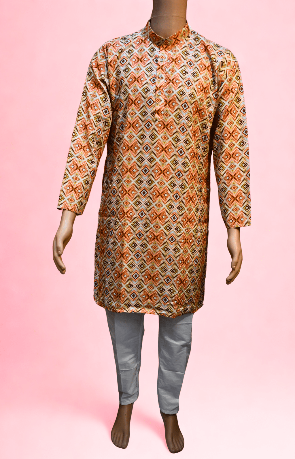 Men's Cotton Blend  Printed Golden Jari Work Long kurta With White Cotton Polo Pant
