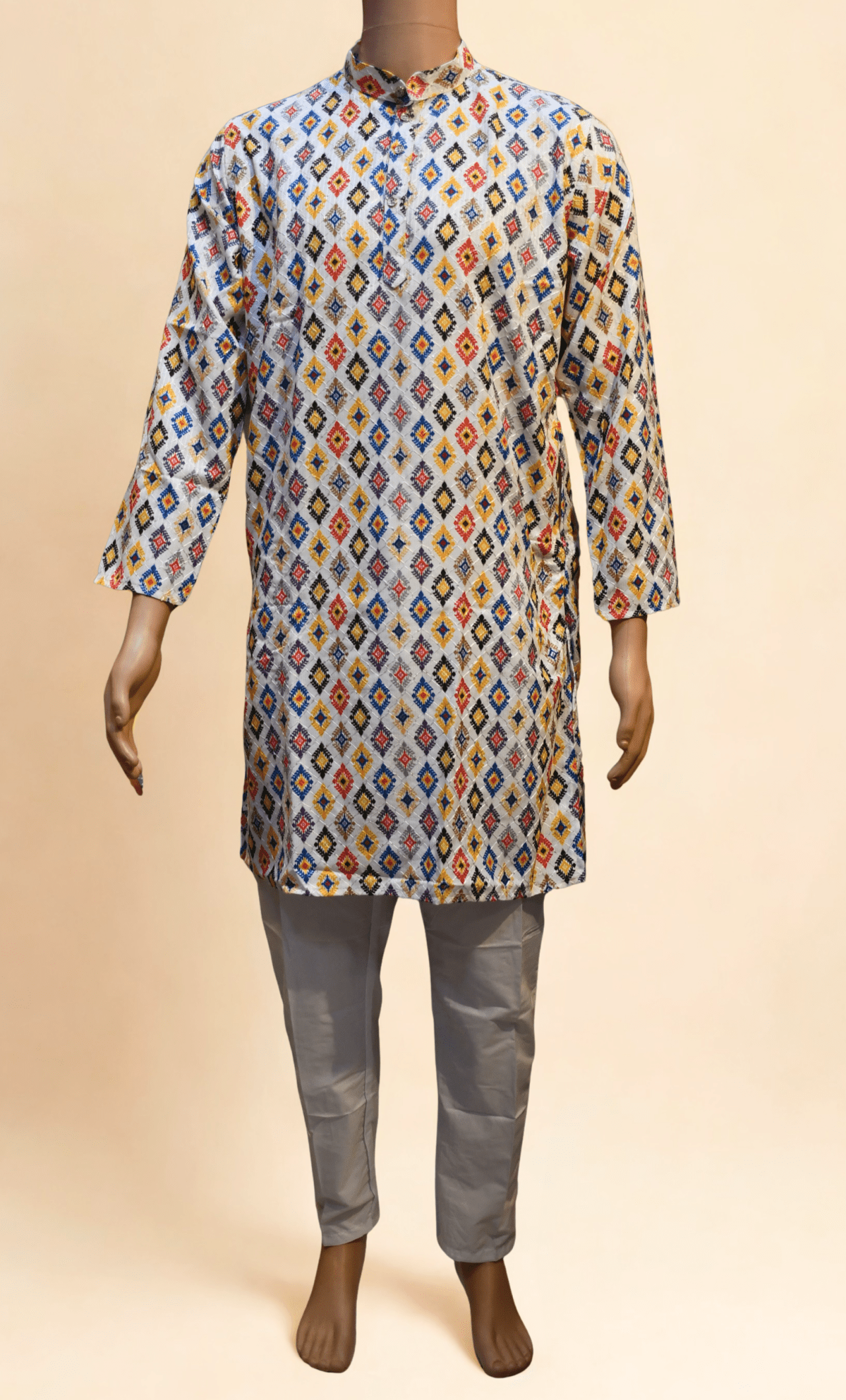 Men's Cotton Blend  Printed Golden Jari Work Long kurta With White Cotton Polo Pant