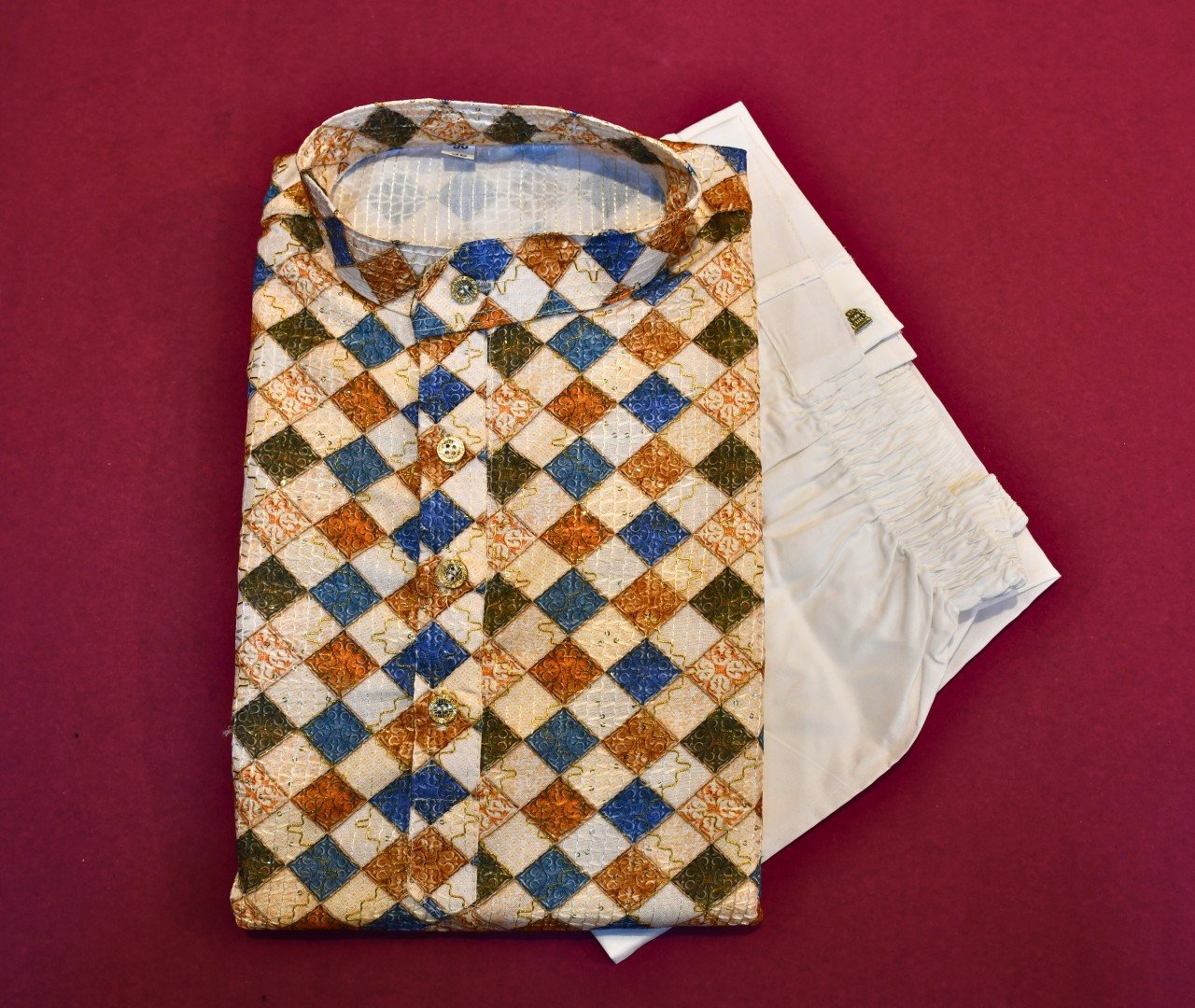 Men's Cotton Blend  Printed Golden Jari Work Long kurta With White Cotton Polo PANT