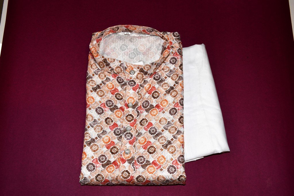 Men's Cotton Blend  Printed Golden Jari Work Long kurta With White Cotton Polo PANT