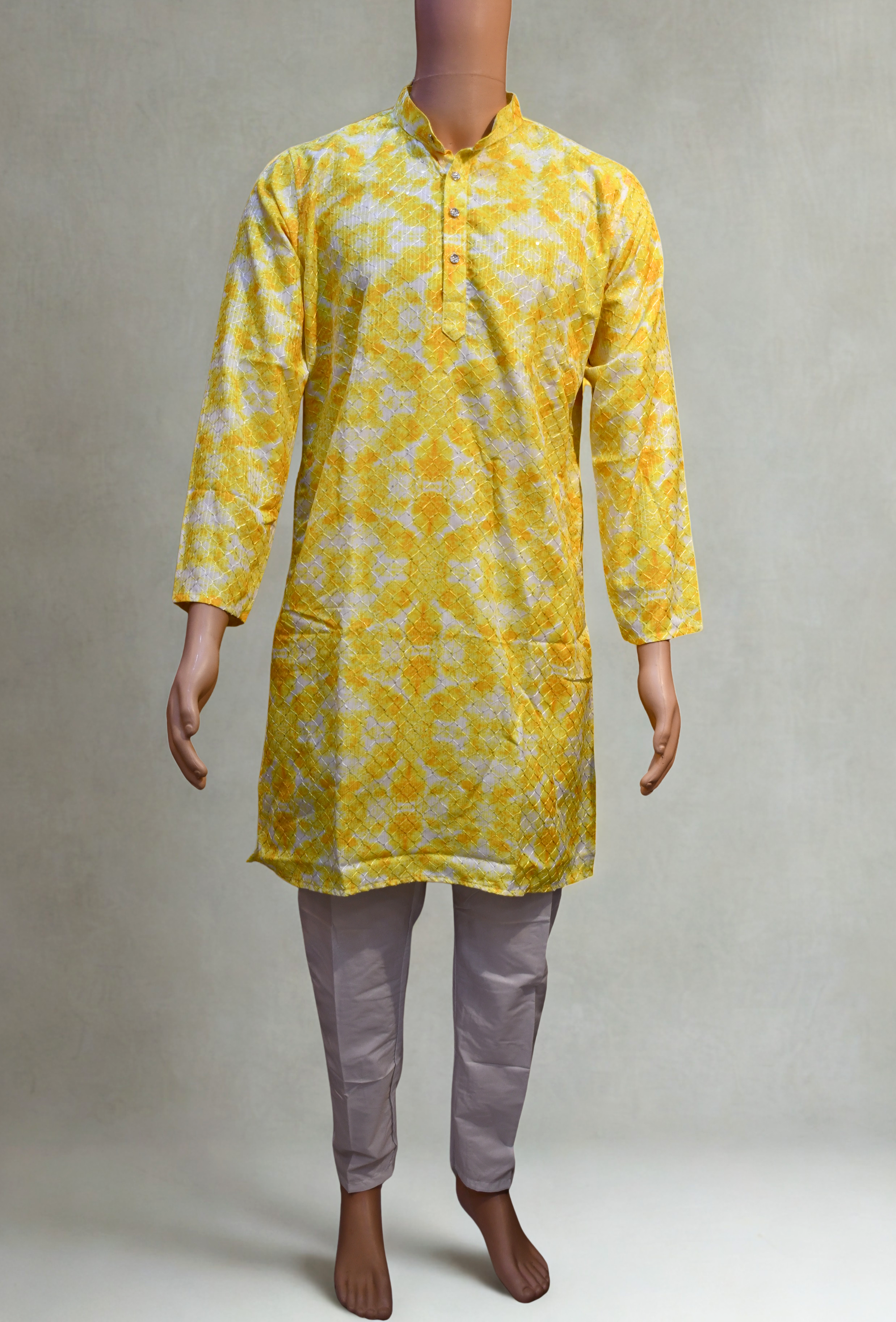 Men's Cotton Blend  Printed Golden Jari Work Long kurta With White Cotton Polo PANT